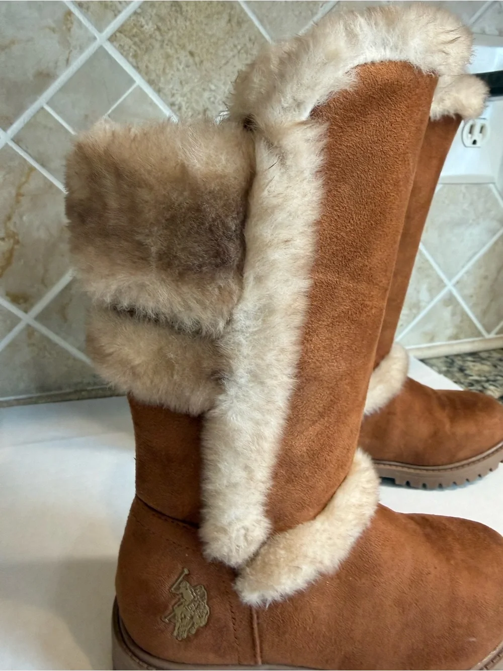 U.S. Polo Assn Girls Size 12C Brown Faux Fur Pom Pom Tall Winter Boots Zip